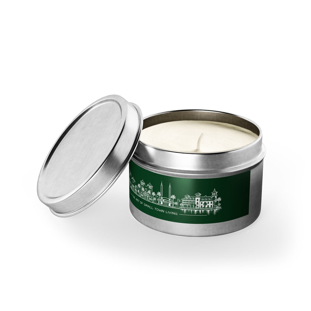 Town Silhouette Evergreen Tin Candle