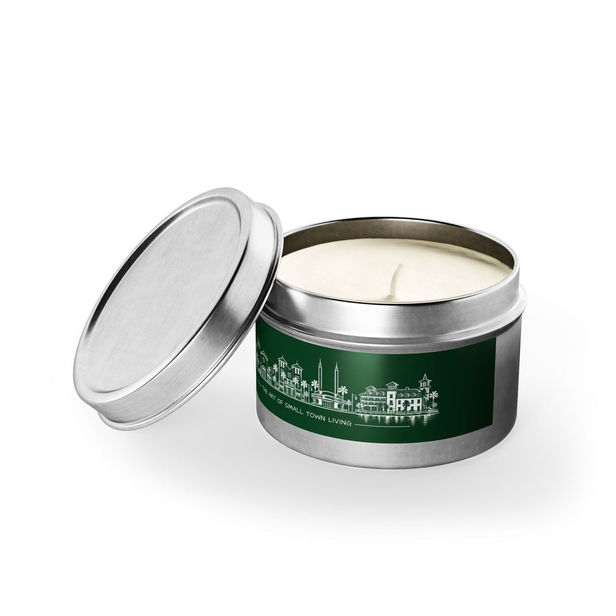 Town Silhouette Evergreen Tin Candle