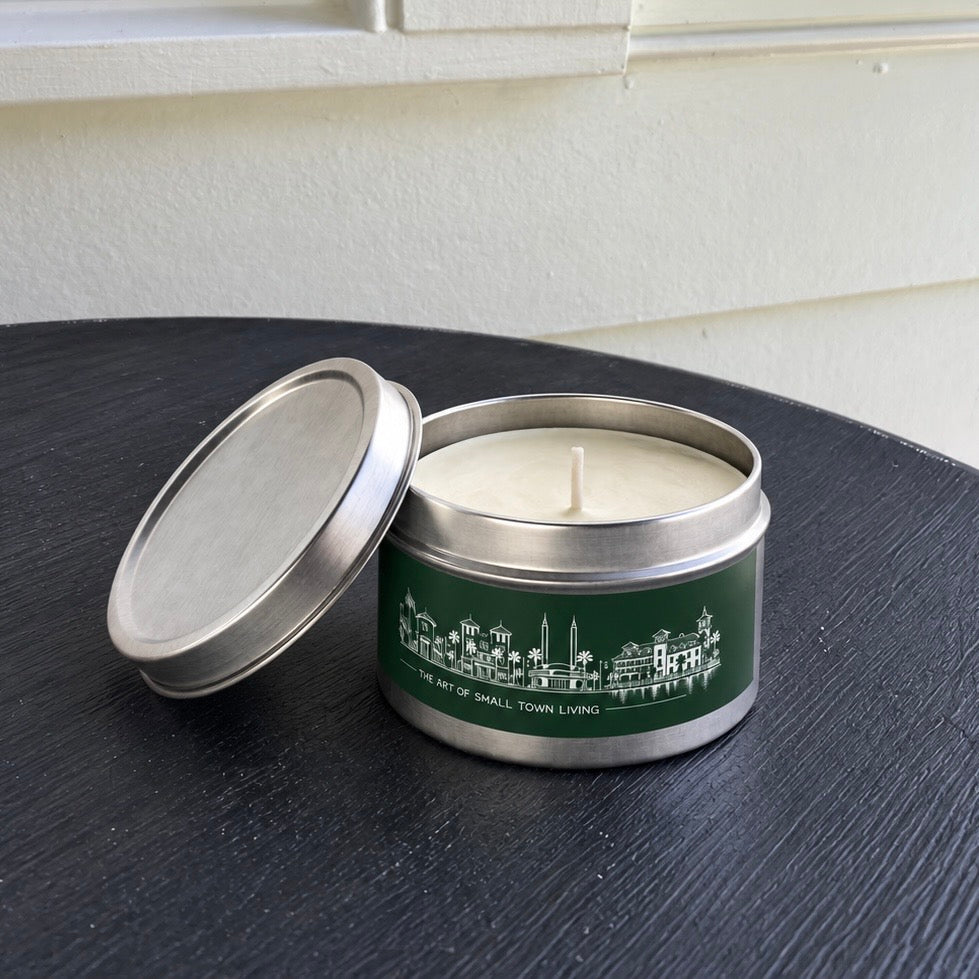 Town Silhouette Evergreen Tin Candle